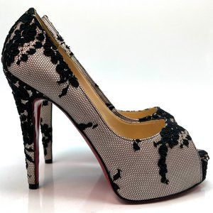 Christian Louboutin Hyper Prive 120 Black White Lace Satin Pumps 36.5